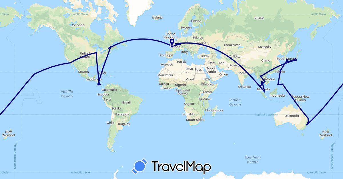 TravelMap itinerary: driving in Australia, Canada, Costa Rica, France, Japan, Cambodia, South Korea, Malaysia, Philippines, Thailand, Taiwan, United States (Asia, Europe, North America, Oceania)